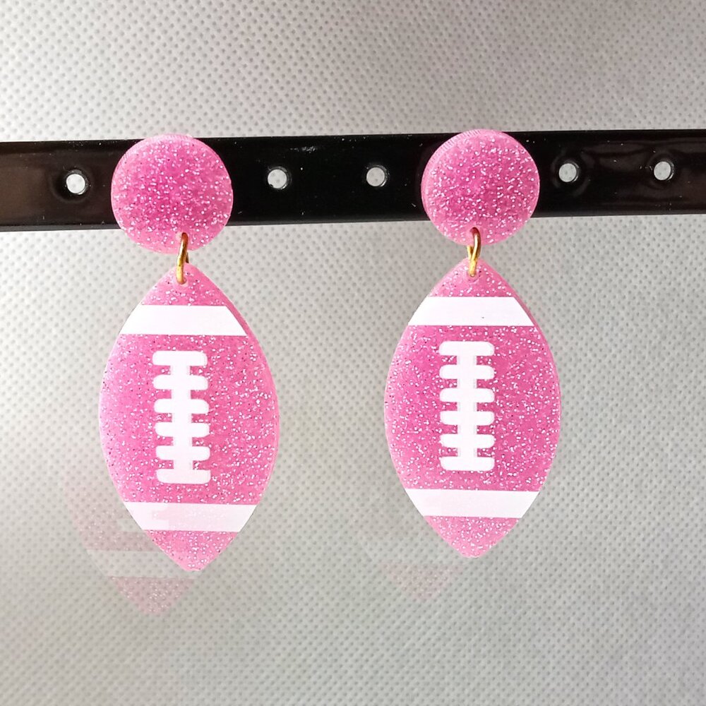 Pink Glitter Football Earrings, Ladies Sport Earrings - Picture 2 of 6